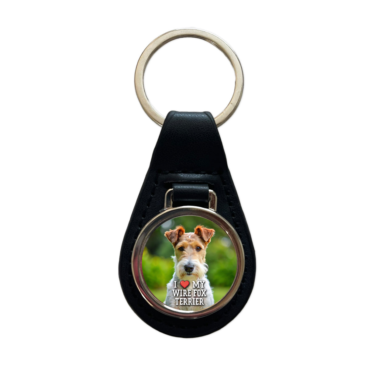 I Love My Wire Fox Terrier Dog Heart Black Leather Metal Keychain