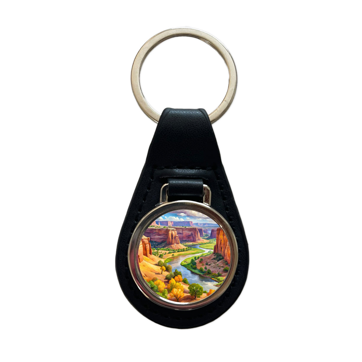 Canyon de Chelly National Monument Arizona Watercolor Style Black Leather Metal Keychain
