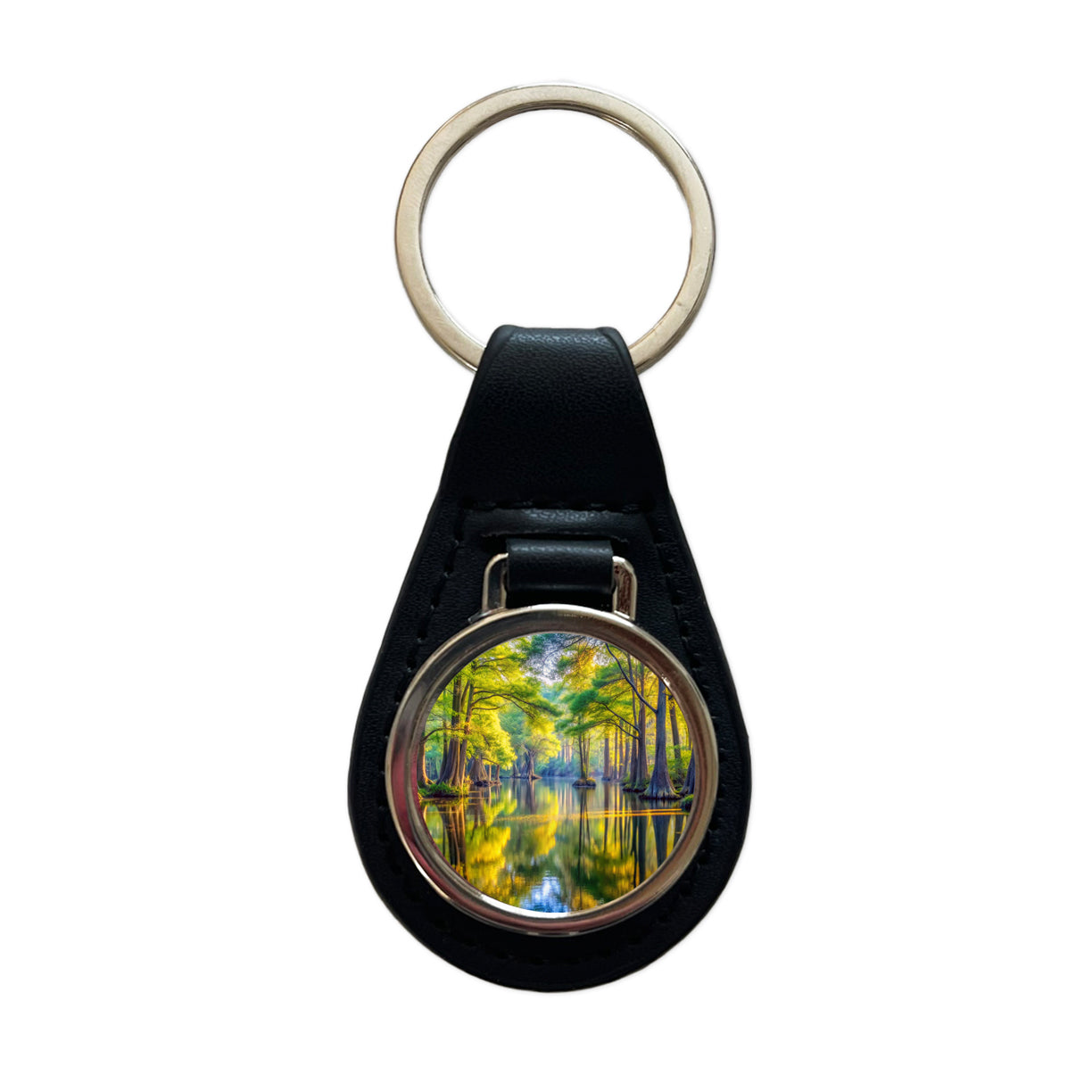 Congaree National Park South Carolina Watercolor Style Black Leather Metal Keychain