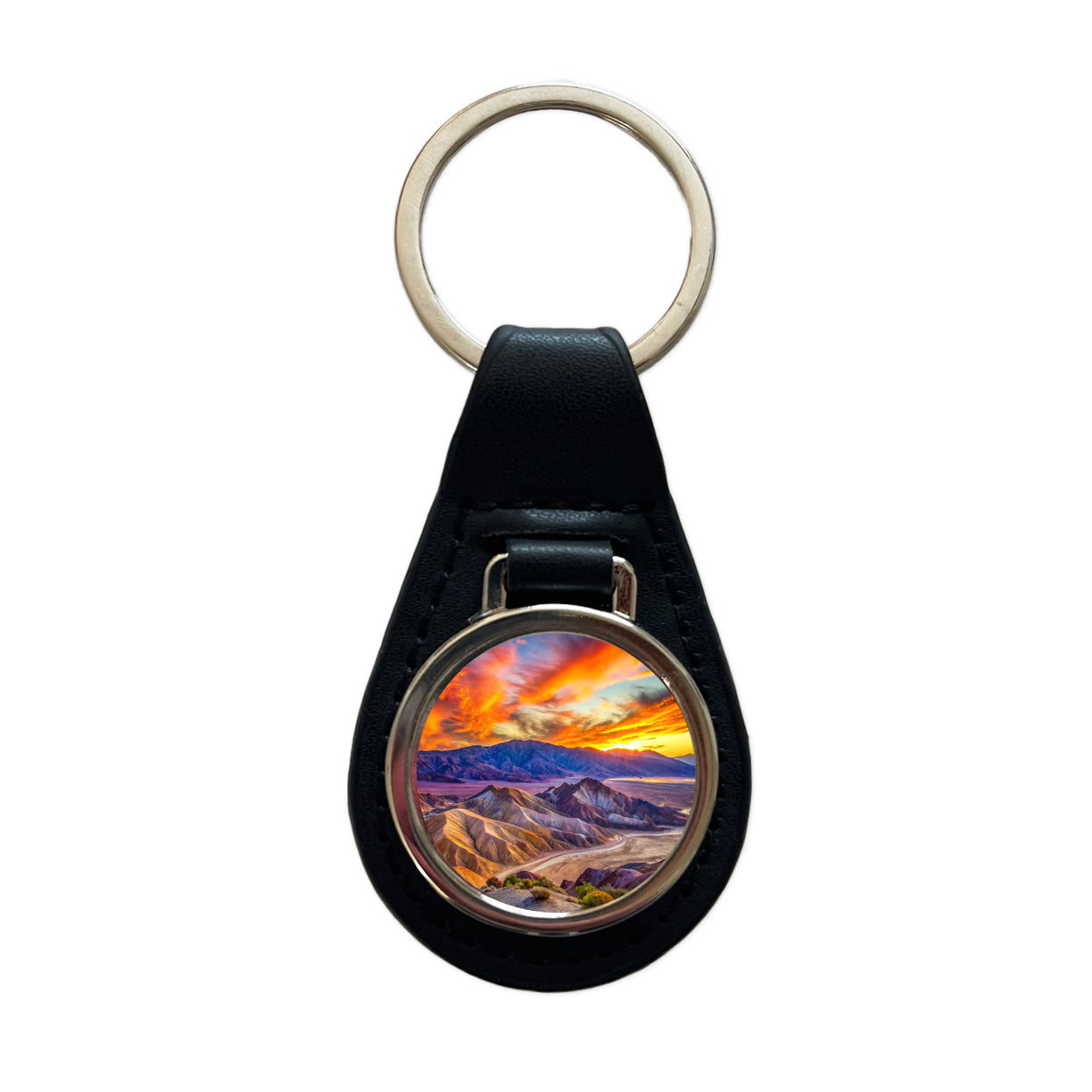 Death Valley National Park California Watercolor Style Black Leather Metal Keychain