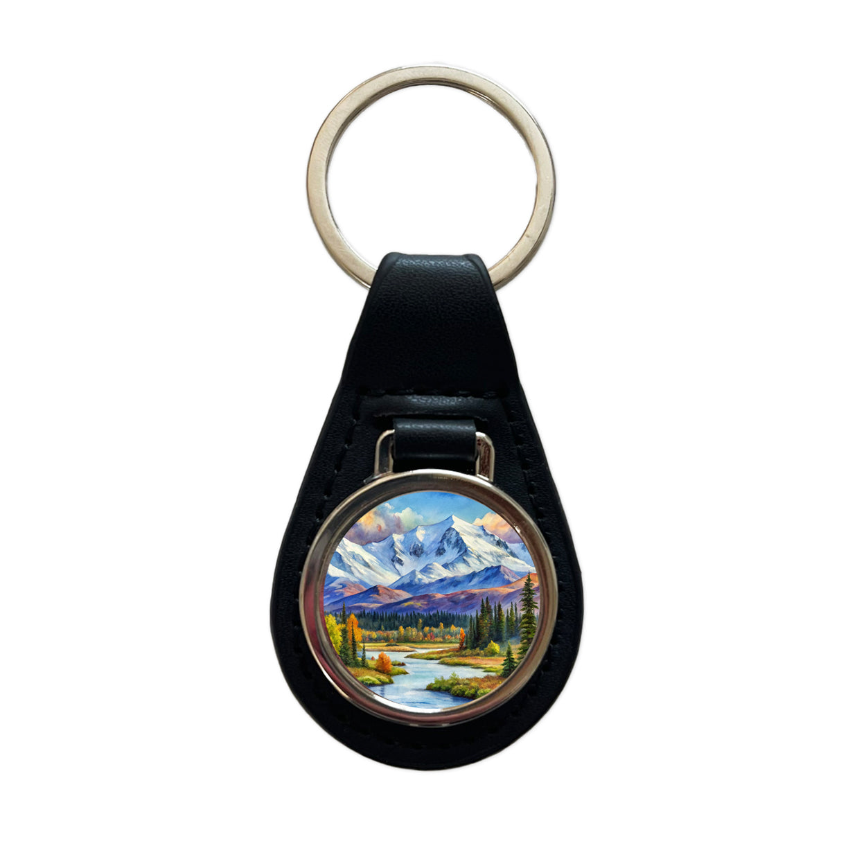 Denali National Park Alaska Watercolor Style Black Leather Metal Keychain