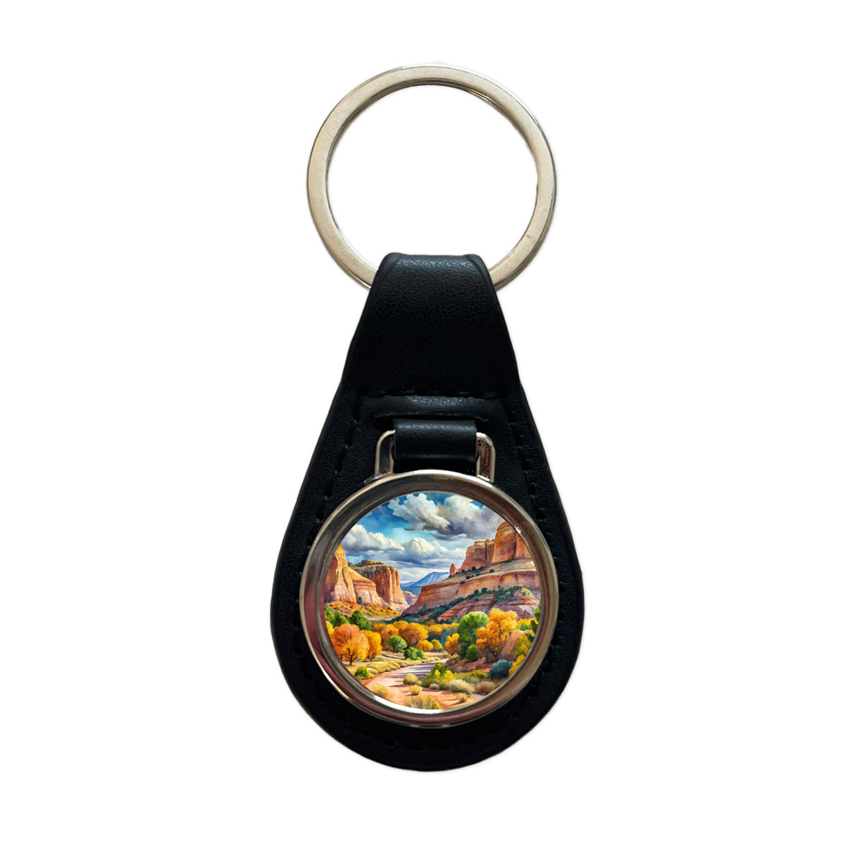 Grand Staircase - Escalante National Monument Utah Watercolor Style Black Leather Metal Keychain