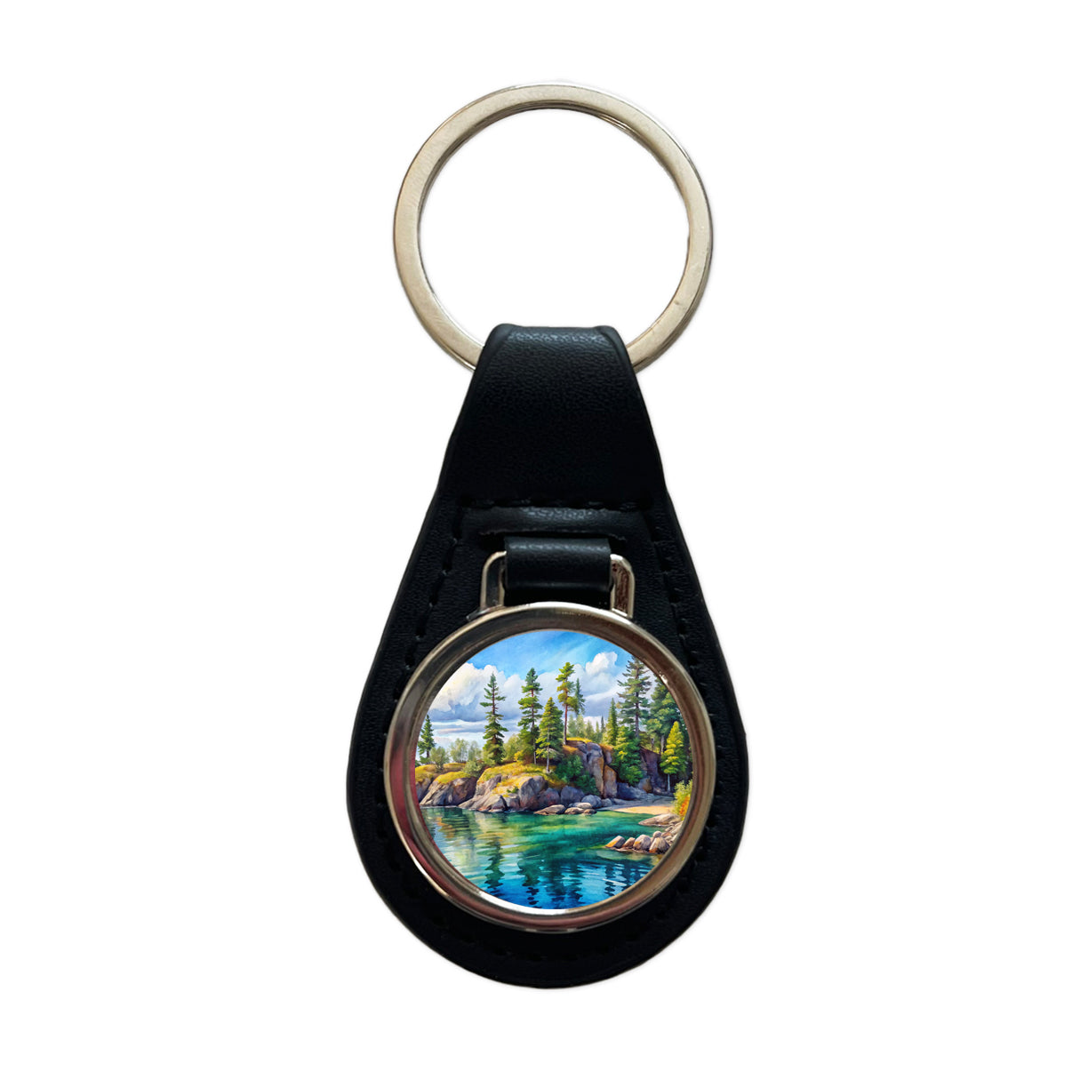 Isle Royale National Park Michigan Watercolor Style Black Leather Metal Keychain