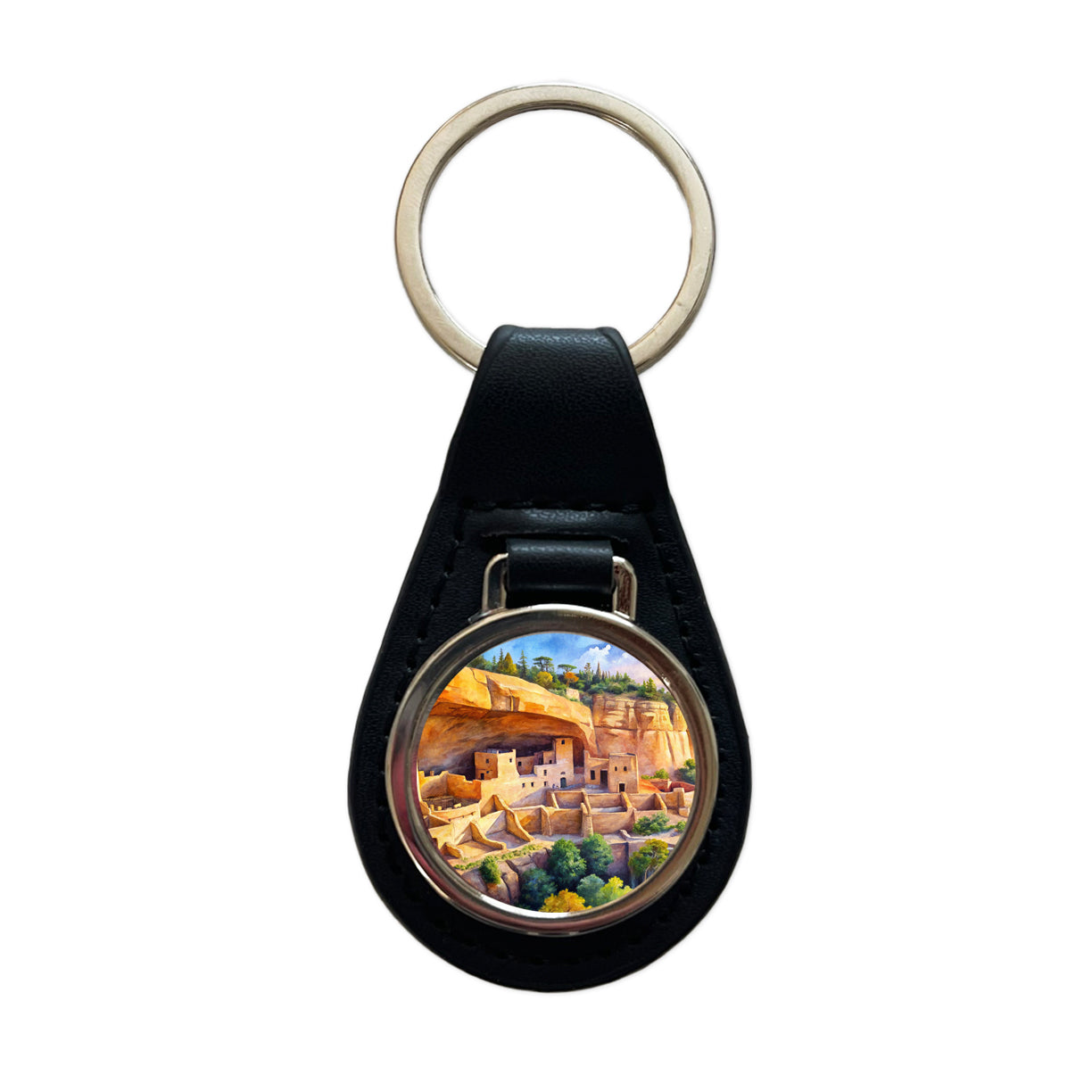 Mesa Verde National Park Colorado Watercolor Style Black Leather Metal Keychain