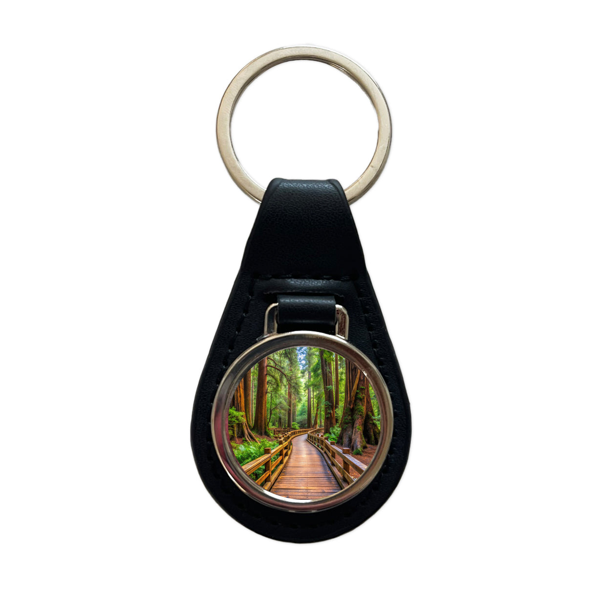 Muir Woods National Monument California Watercolor Style Black Leather Metal Keychain