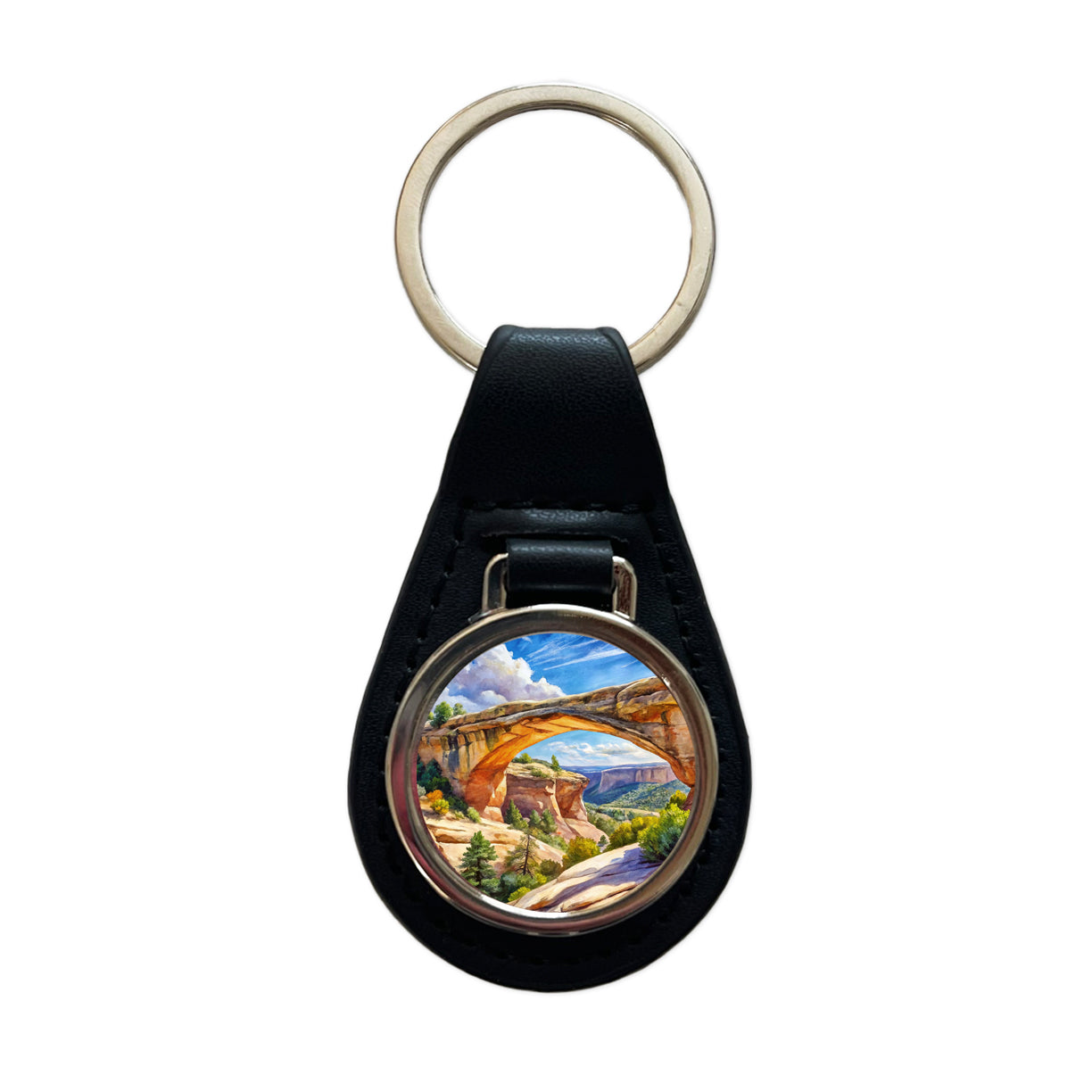 Natural Bridges National Monument Utah Watercolor Style Black Leather Metal Keychain