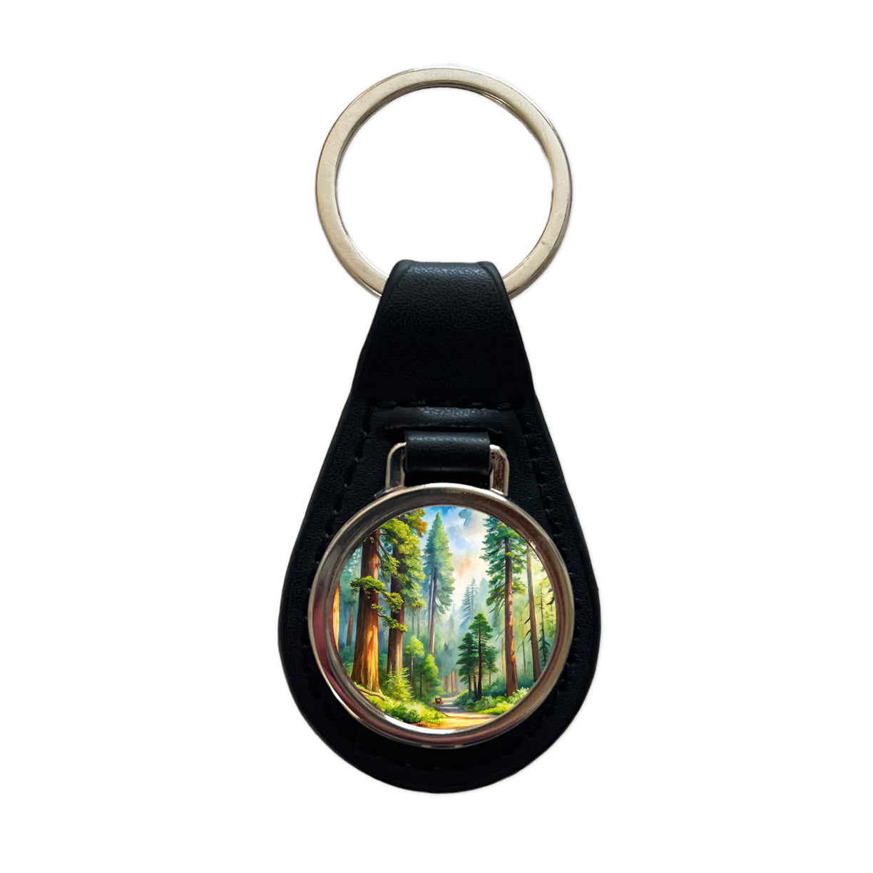 Redwood National Park California Watercolor Style Black Leather Metal Keychain