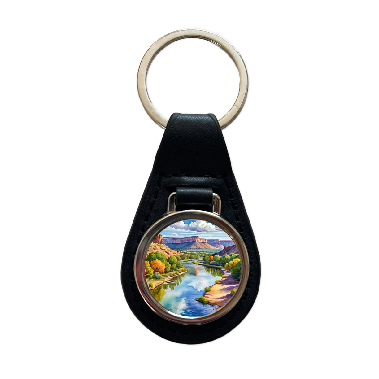 Rio Grande del Norte National Monument New Mexico Watercolor Style Black Leather Metal Keychain