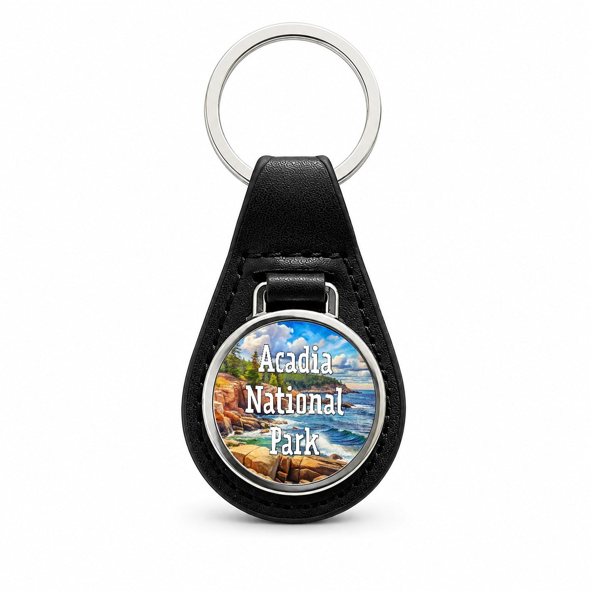 Acadia National Park Maine Black Leather Metal Keychain
