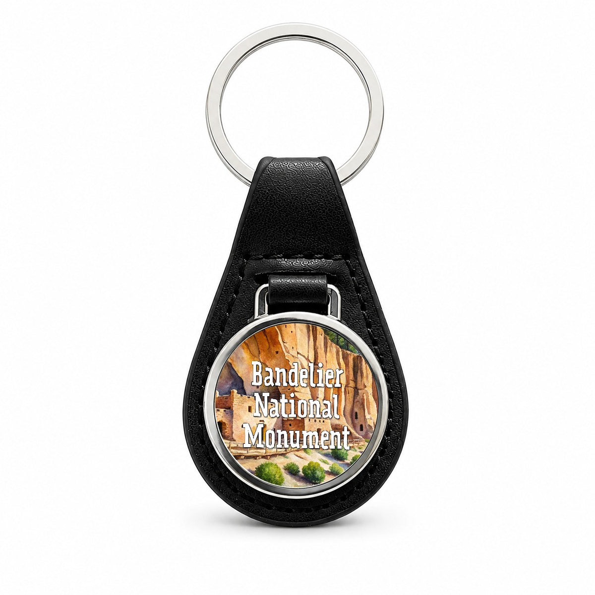 Bandelier National Monument New Mexico Black Leather Metal Keychain