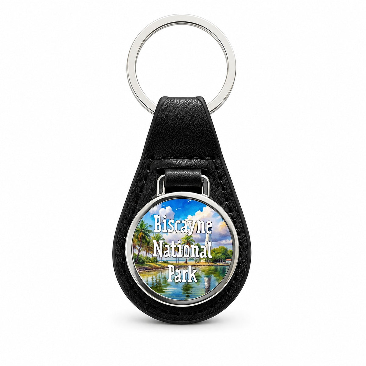 Biscayne National Park Florida Black Leather Metal Keychain