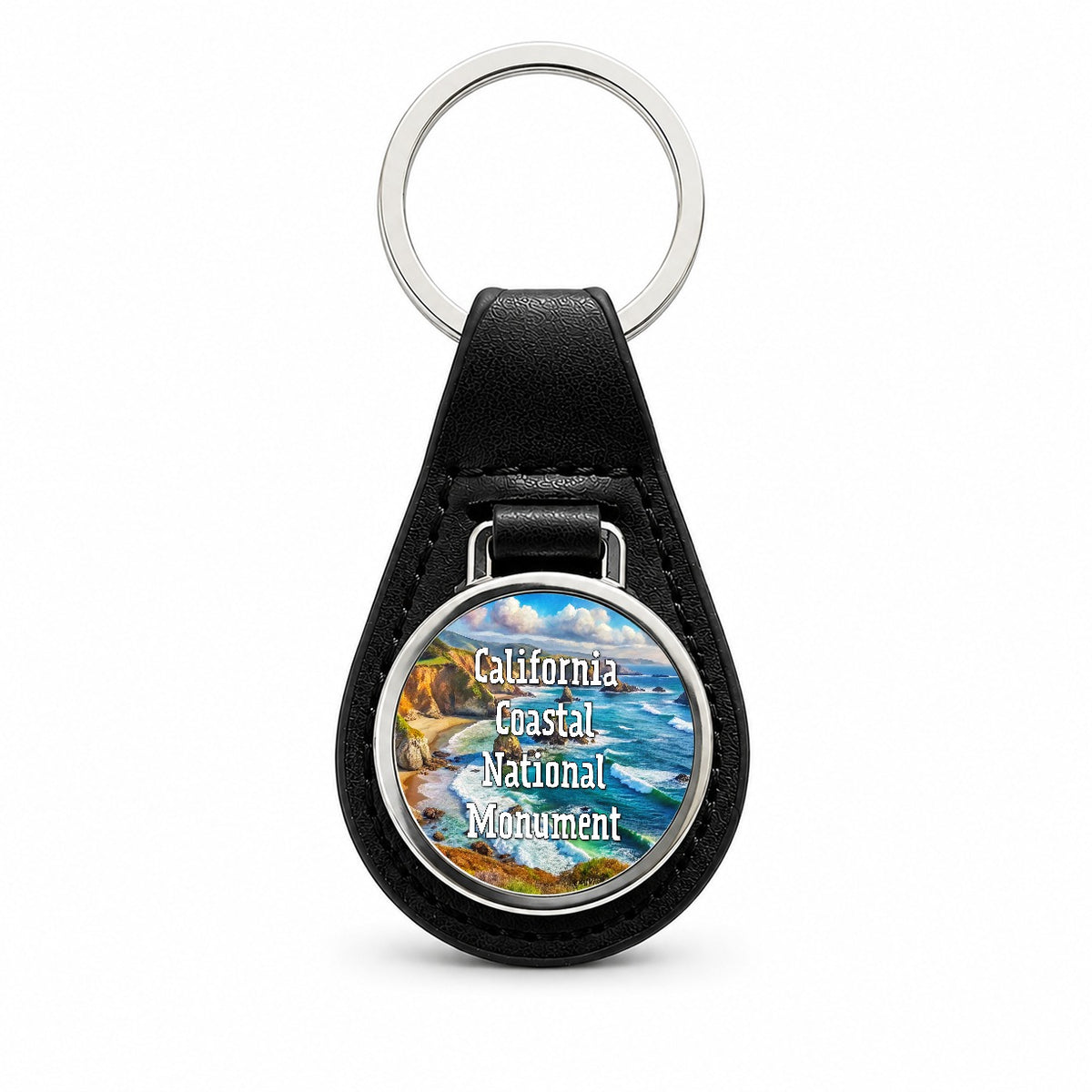 California Coastal National Monument California Black Leather Metal Keychain