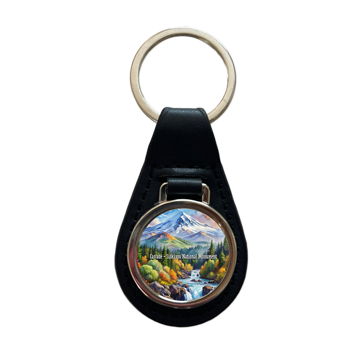 Cascade - Siskiyou National Monument California, Oregon Black Leather Metal Keychain
