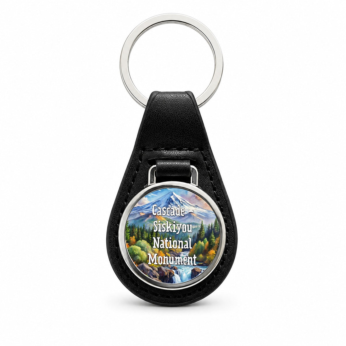 Cascade - Siskiyou National Monument California, Oregon Black Leather Metal Keychain