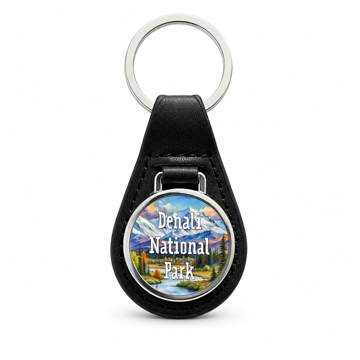 Denali National Park Alaska Black Leather Metal Keychain