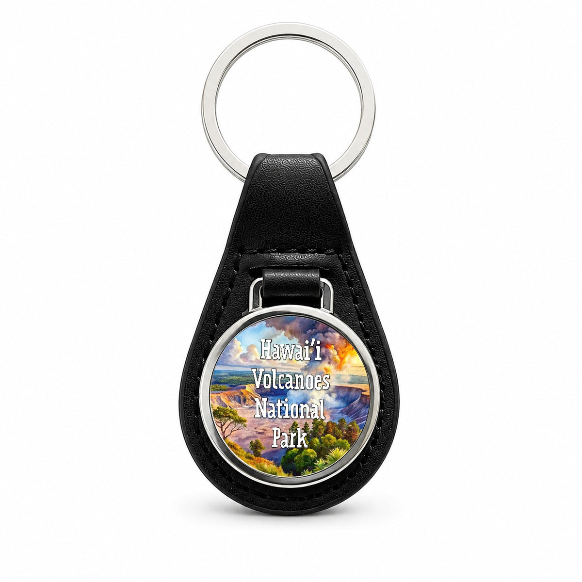 Hawai'i Volcanoes National Park Black Leather Metal Keychain