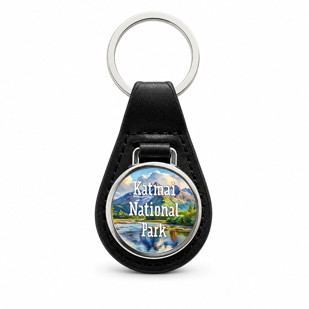 Katmai National Park Alaska Black Leather Metal Keychain