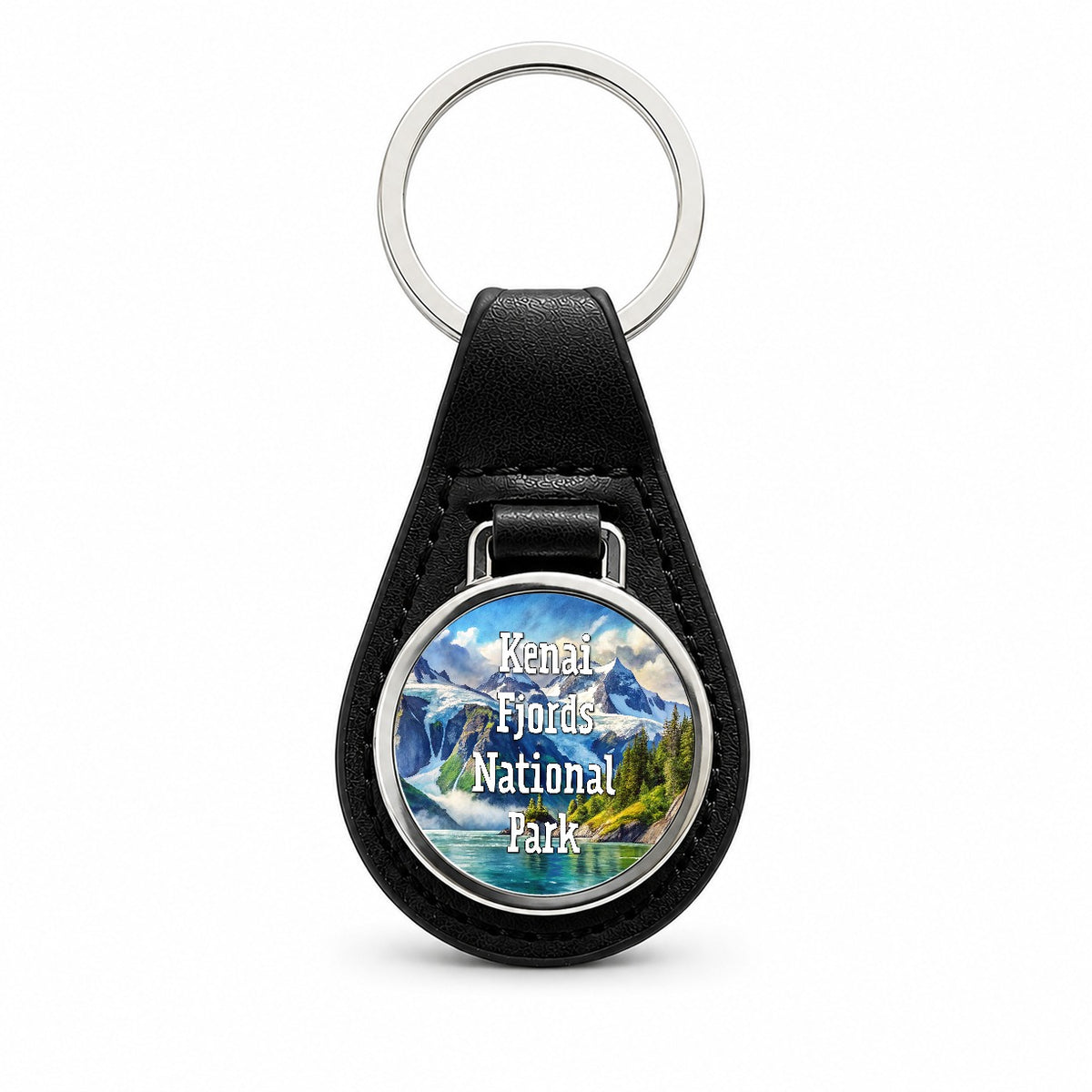 Kenai Fjords National Park Alaska Black Leather Metal Keychain