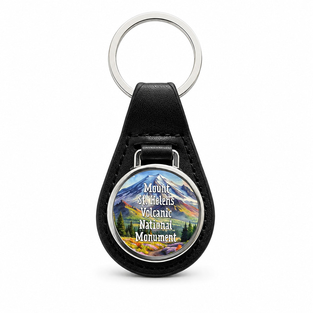 Mount St. Helens Volcanic National Monument Washington Black Leather Metal Keychain