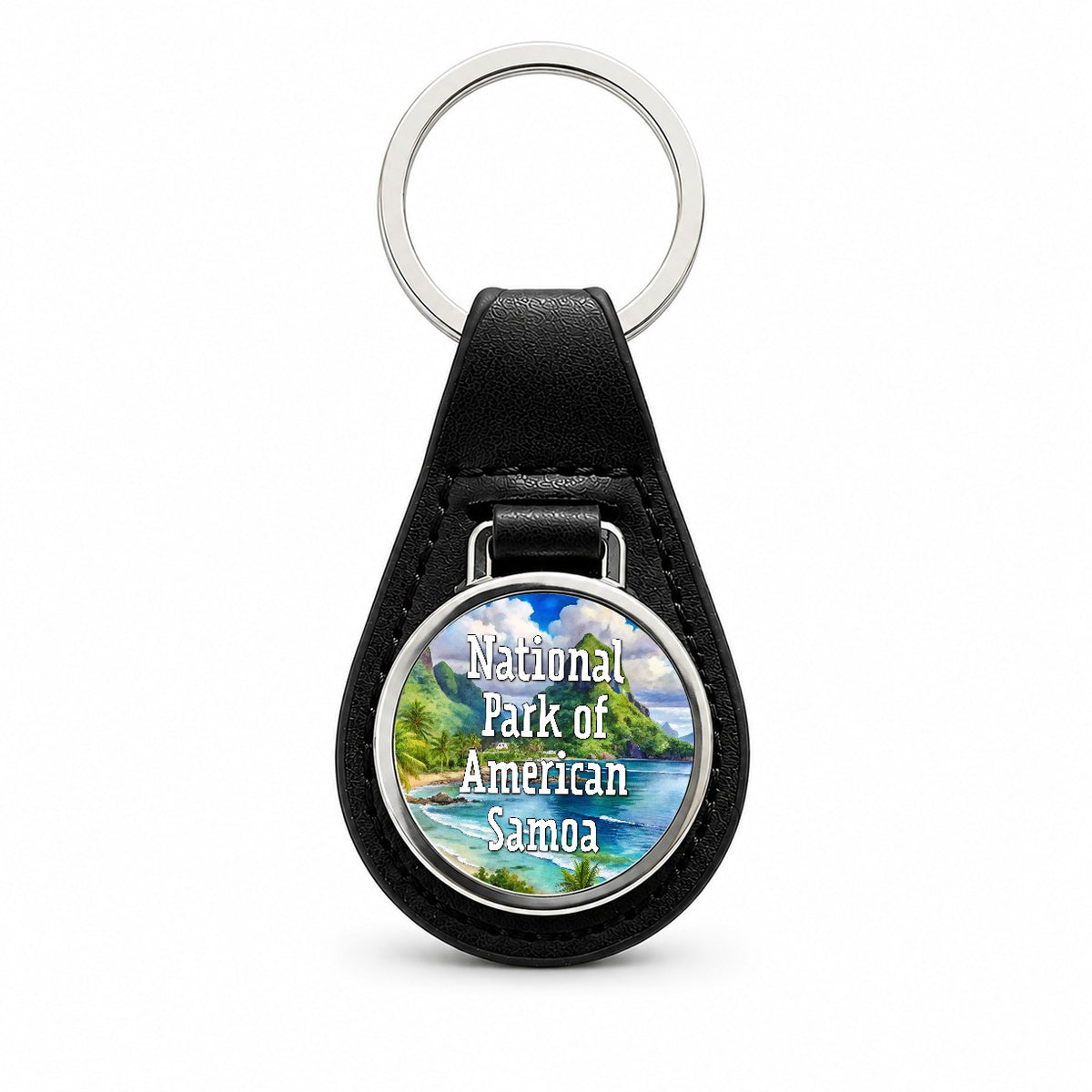 National Park of American Samoa Black Leather Metal Keychain