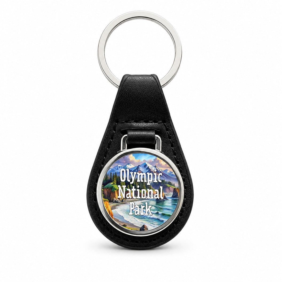 Olympic National Park Washington Black Leather Metal Keychain