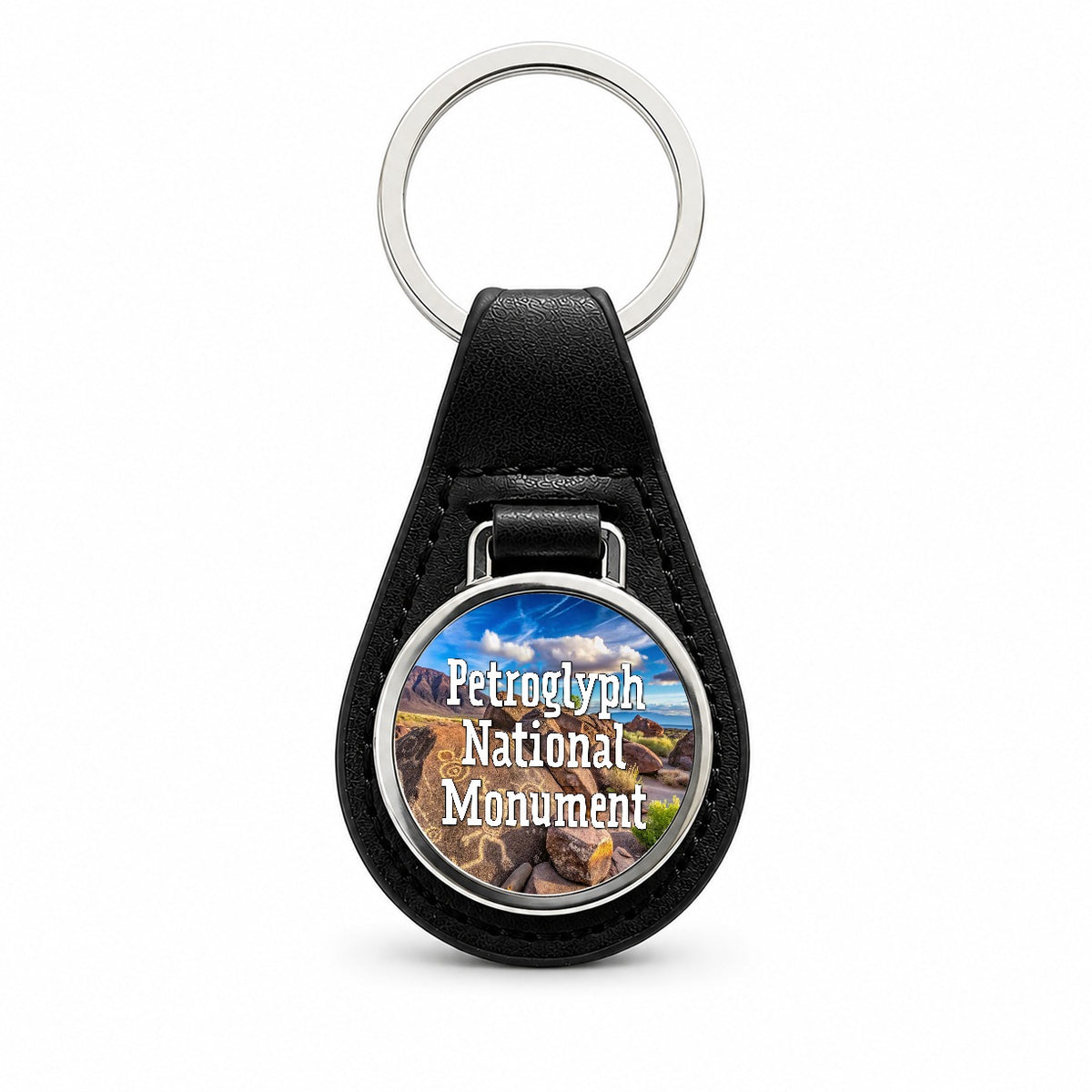 Petroglyph National Monument New Mexico Black Leather Metal Keychain