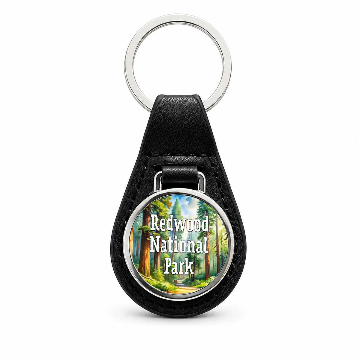 Redwood National Park California Black Leather Metal Keychain