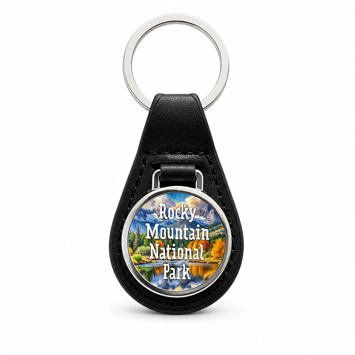 Rocky Mountain National Park Colorado Black Leather Metal Keychain