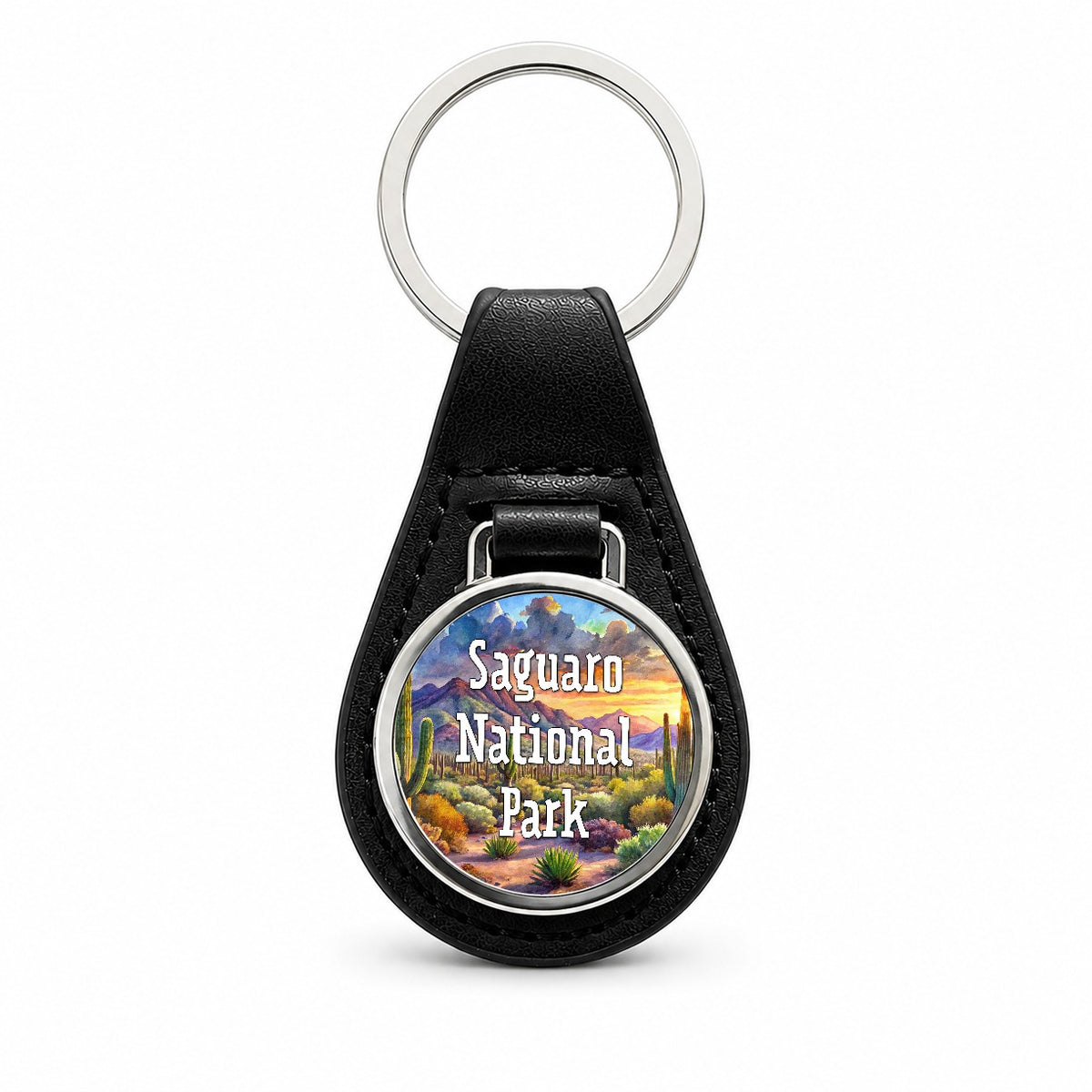 Saguaro National Park Arizona Black Leather Metal Keychain