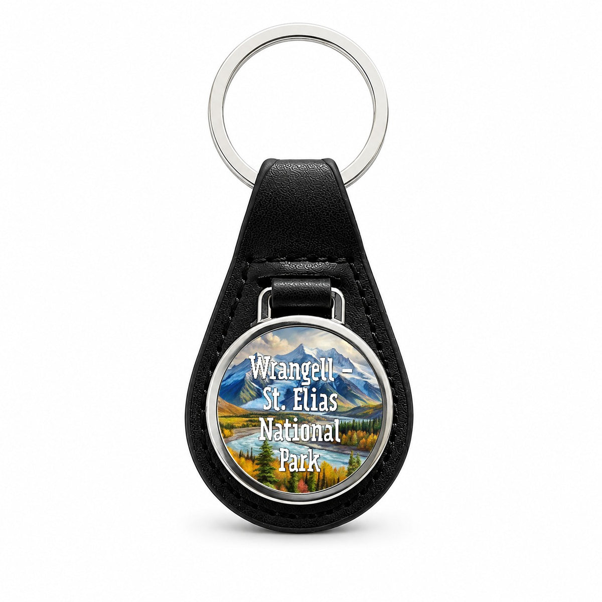 Wrangell - St. Elias National Park Alaska Black Leather Metal Keychain