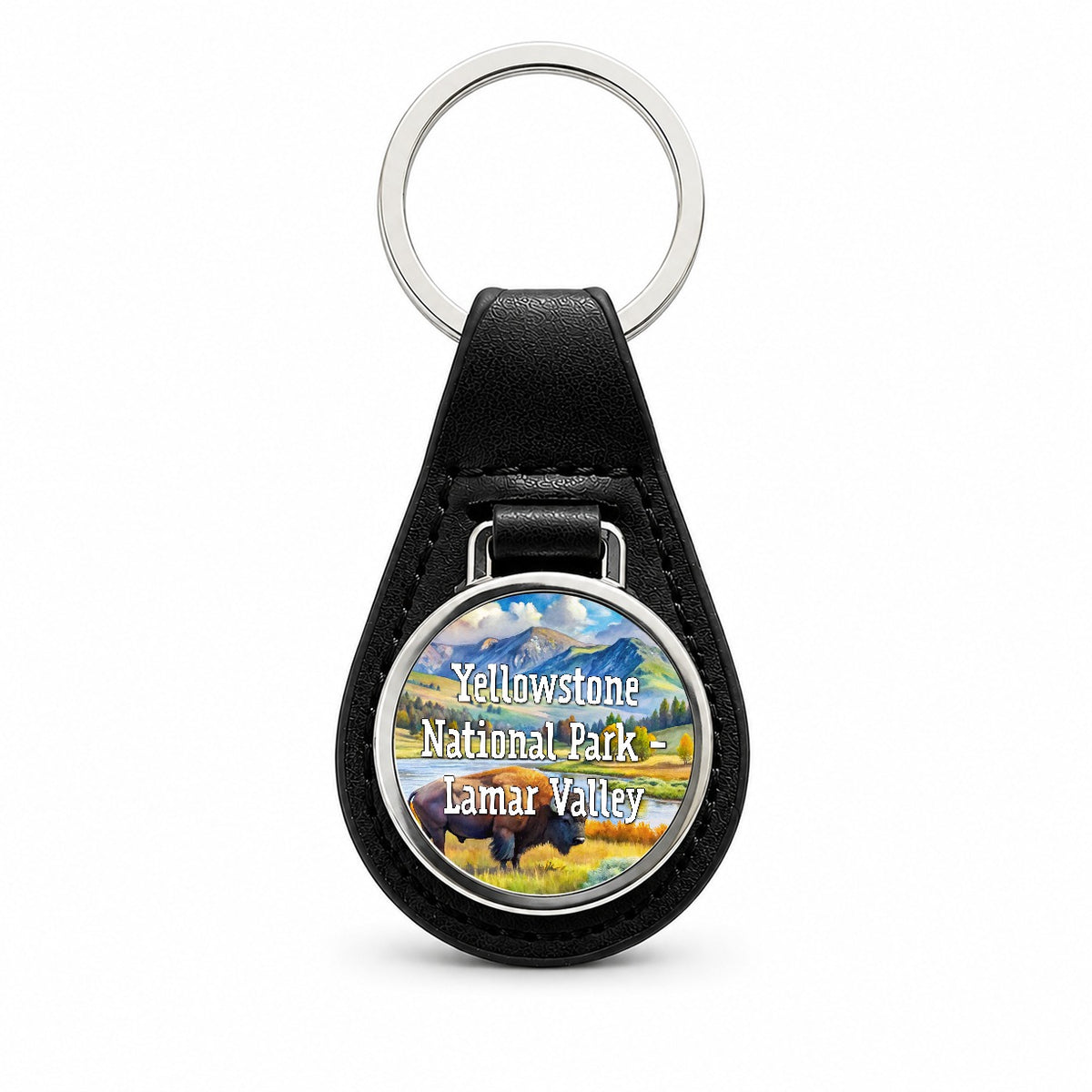 Yellowstone National Park Lamar Valley Black Leather Metal Keychain