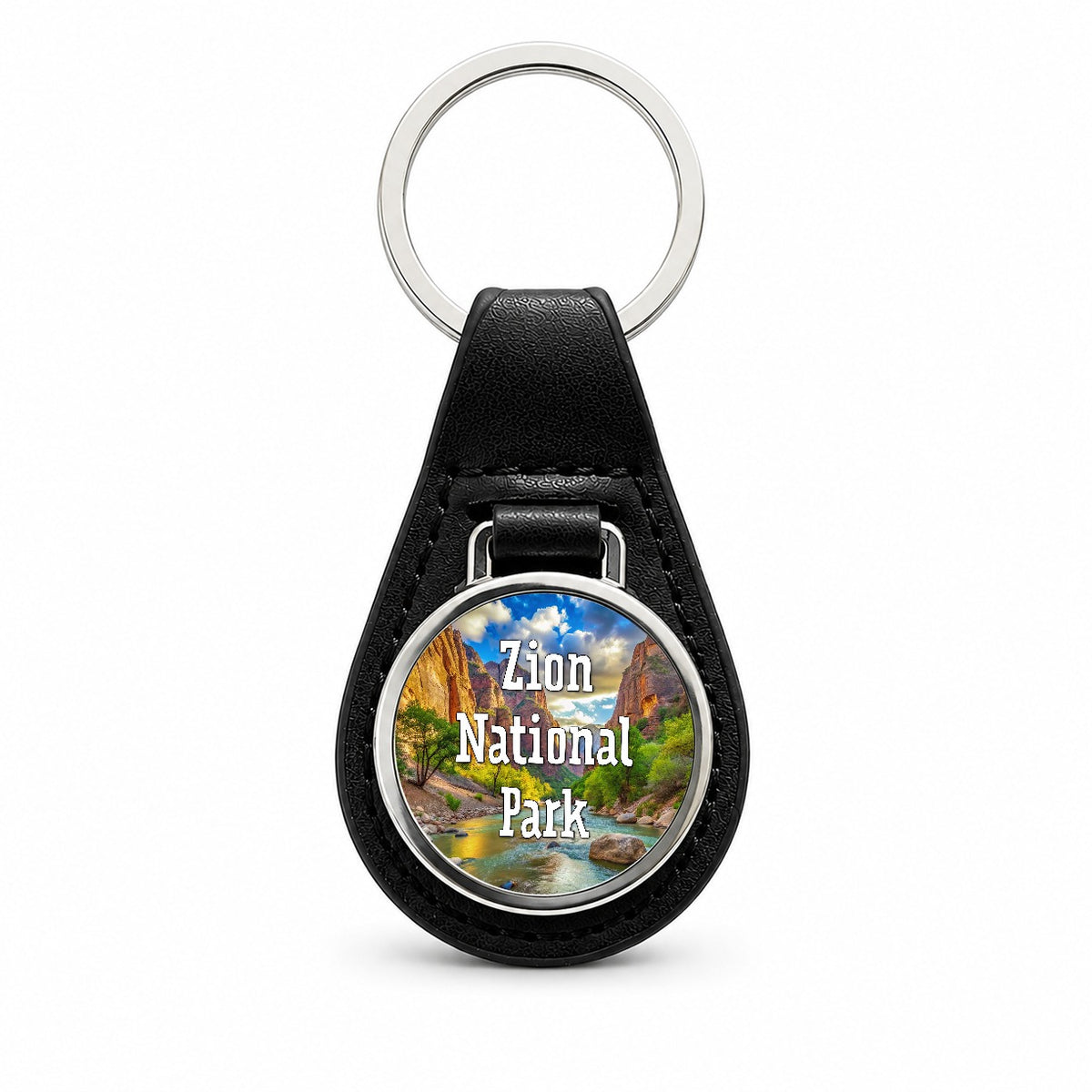 Zion National Park Utah Black Leather Metal Keychain