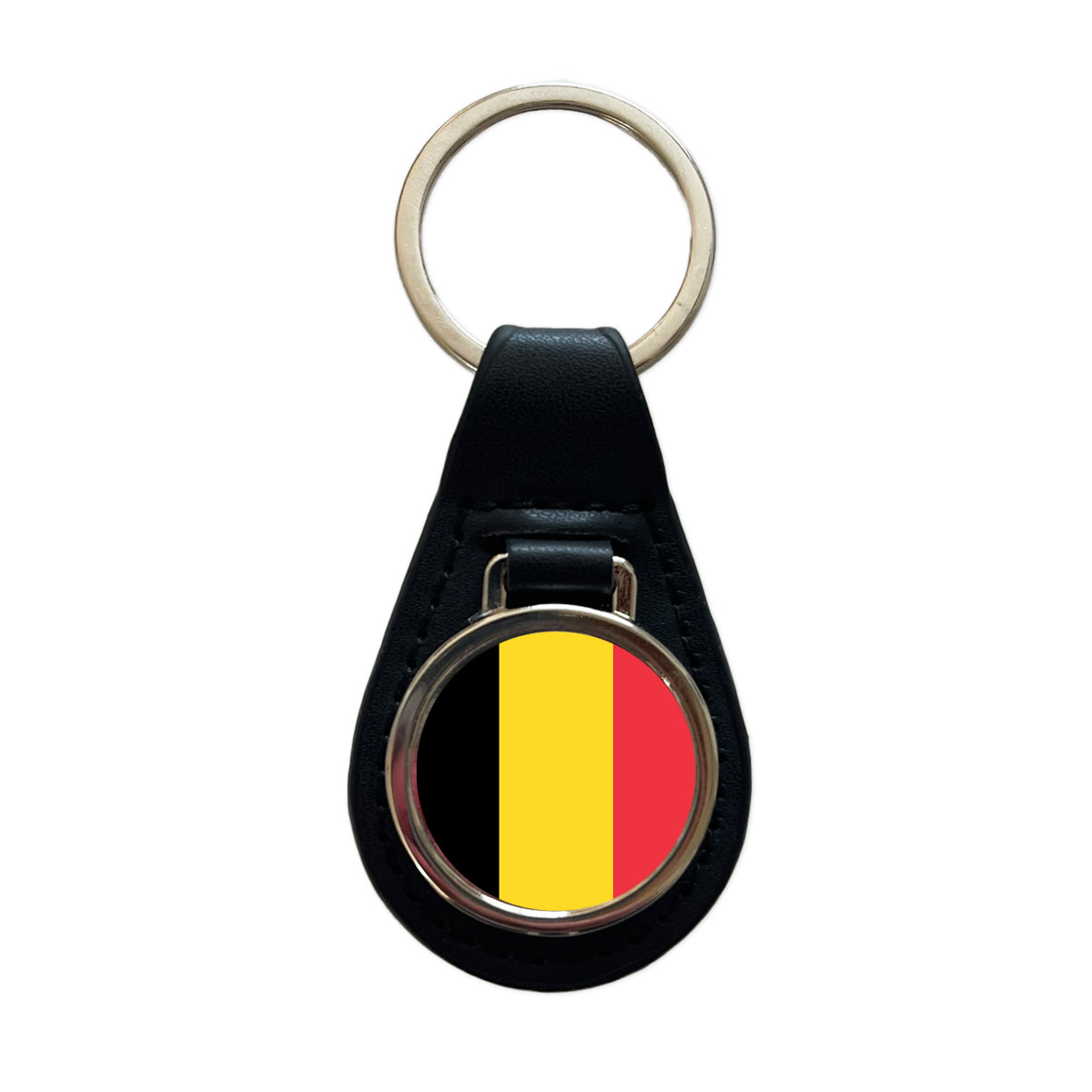 Belgium Country Flag Black Leather Metal Keychain