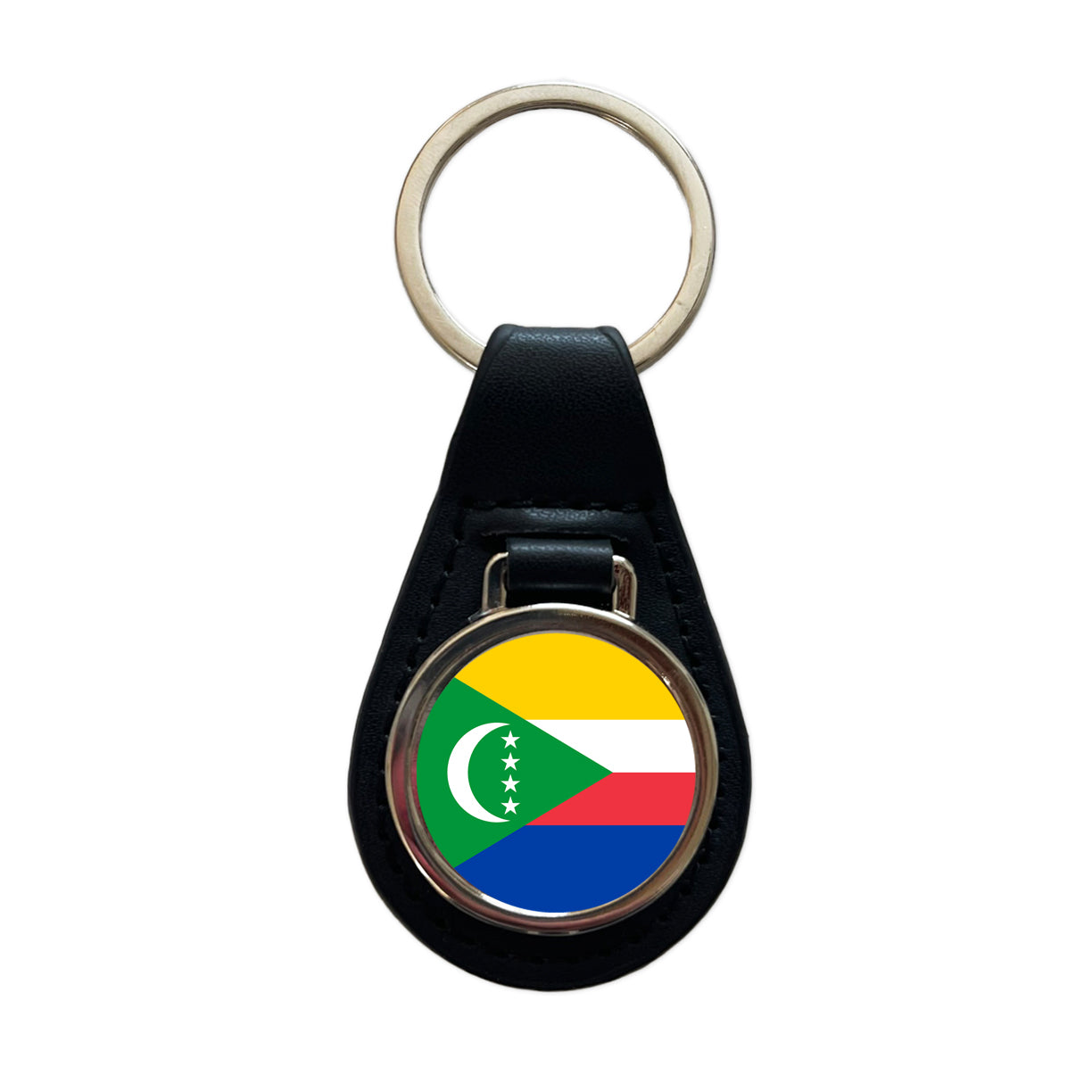 Comoros Country Flag Black Leather Metal Keychain