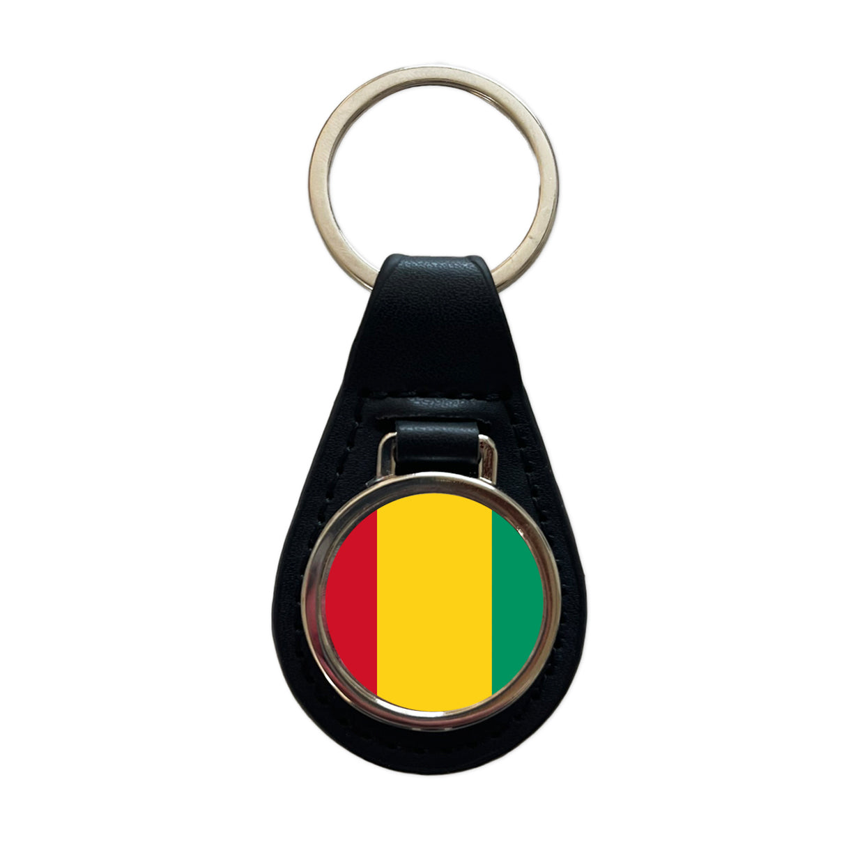 Guinea Country Flag Black Leather Metal Keychain