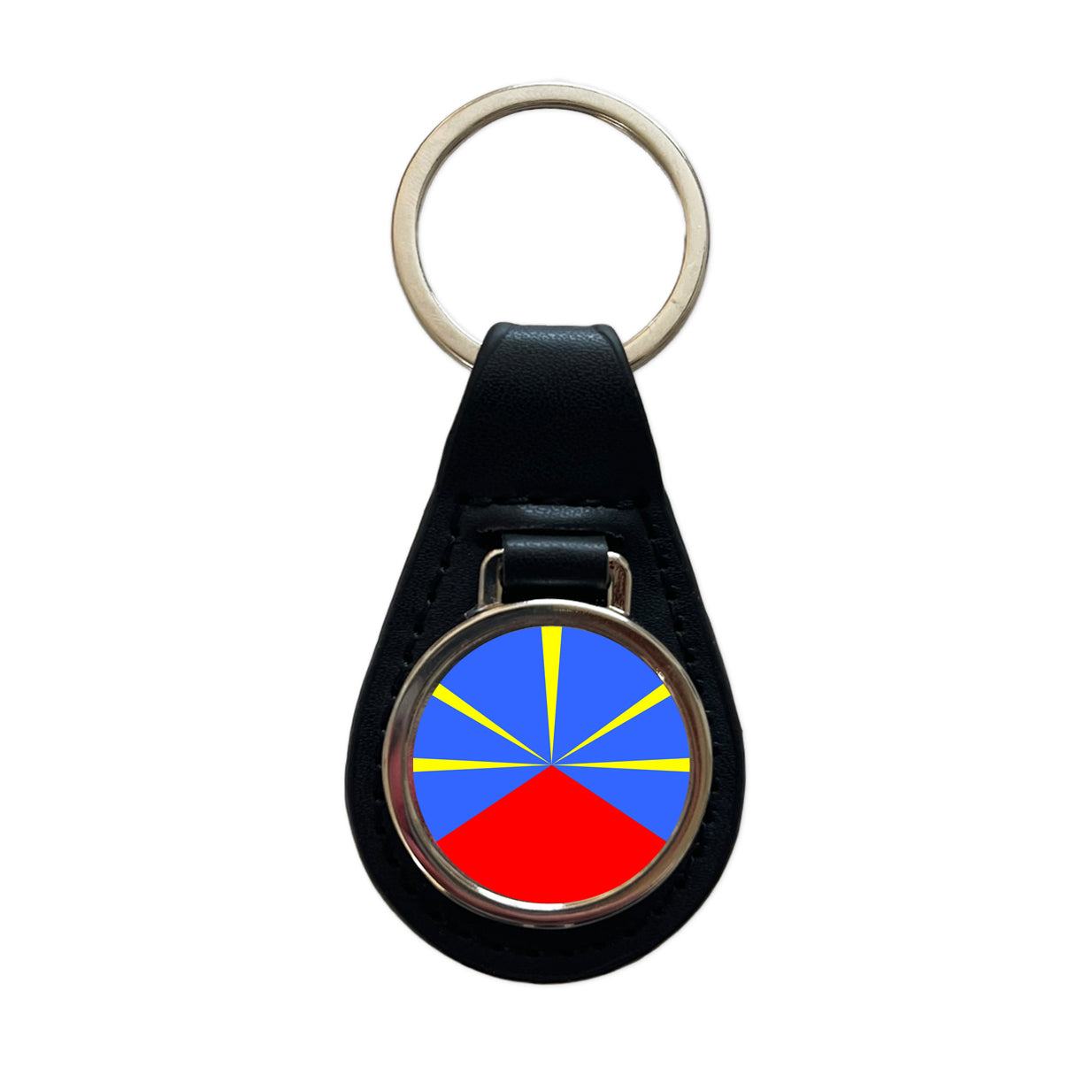 Réunion Country Flag Black Leather Metal Keychain