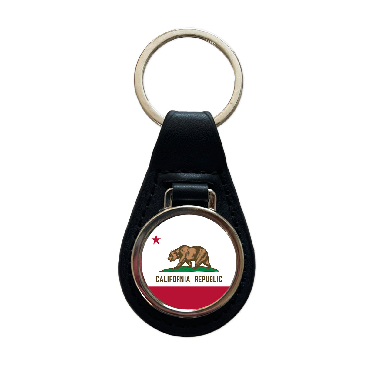 California CA State Flag Black Leather Metal Keychain
