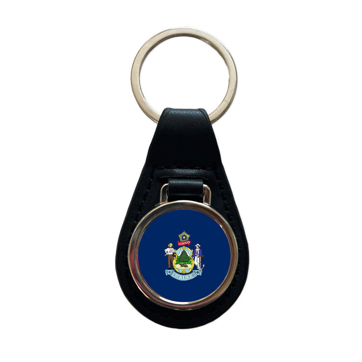 Maine ME State Flag Black Leather Metal Keychain