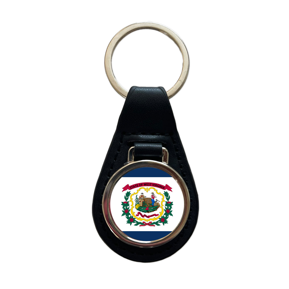 West Virginia WV State Flag Black Leather Metal Keychain