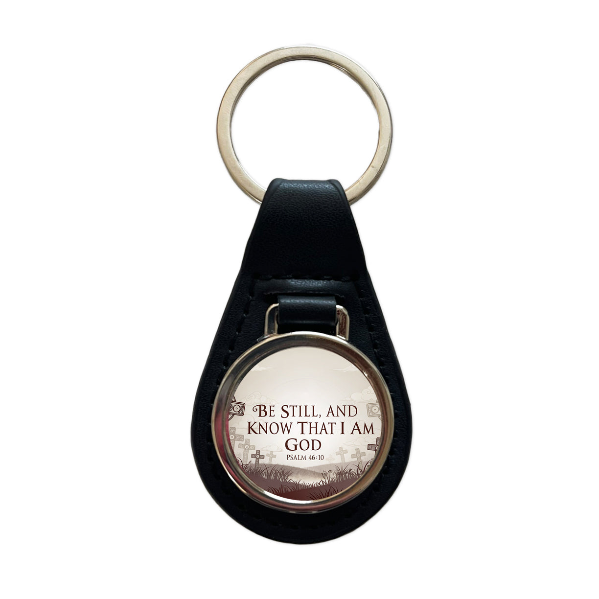 Be Still And Know That I Am God Psalm 46-10 Crosses Black Leather Metal Keychain
