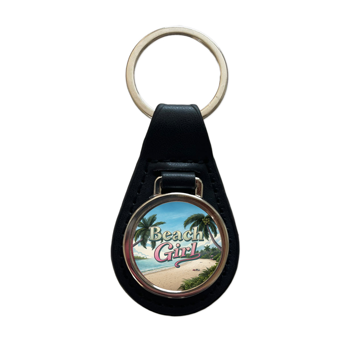Beach Girl Tropical Beach Palm Trees Black Leather Metal Keychain