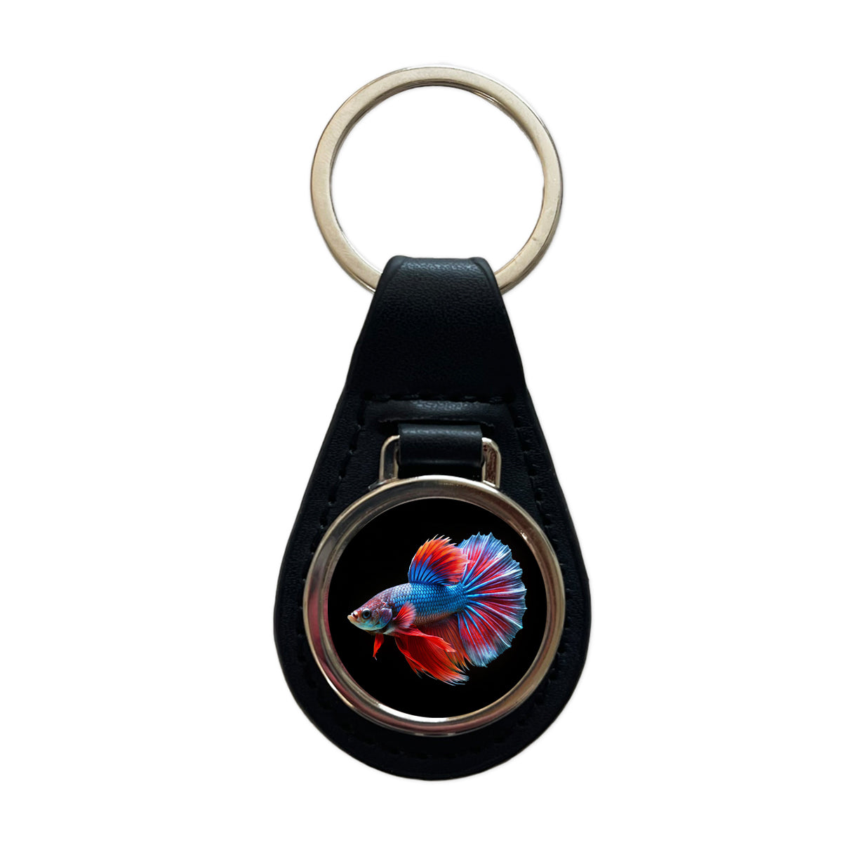 Betta Siamese Fighting Fish Black Leather Metal Keychain