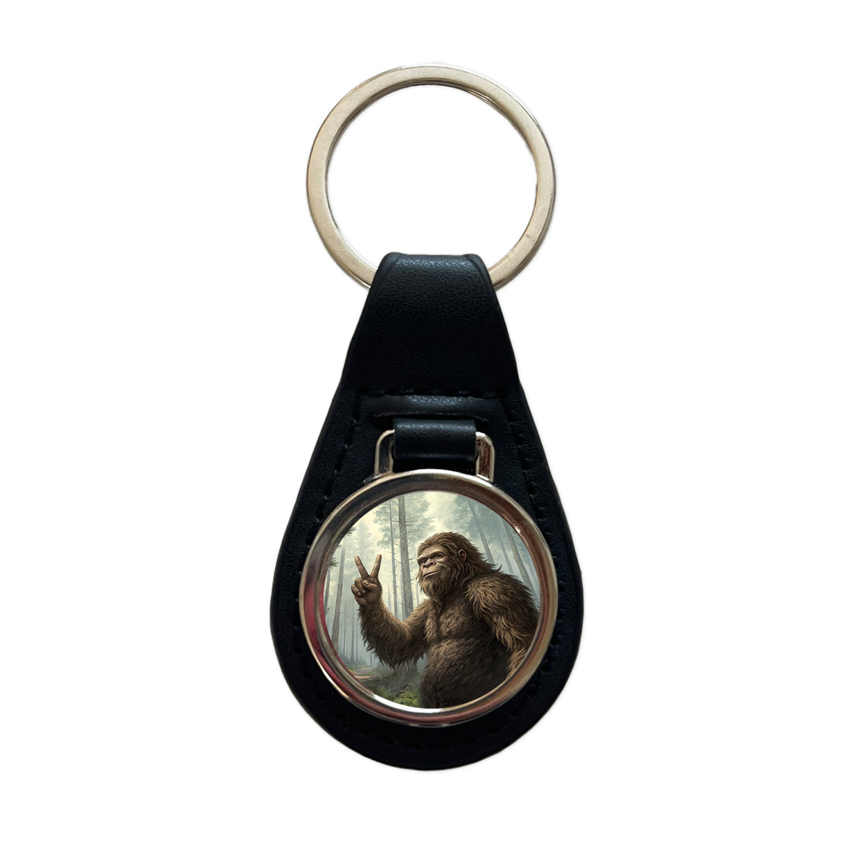 Big Foot Giving The Peace Sign Black Leather Metal Keychain