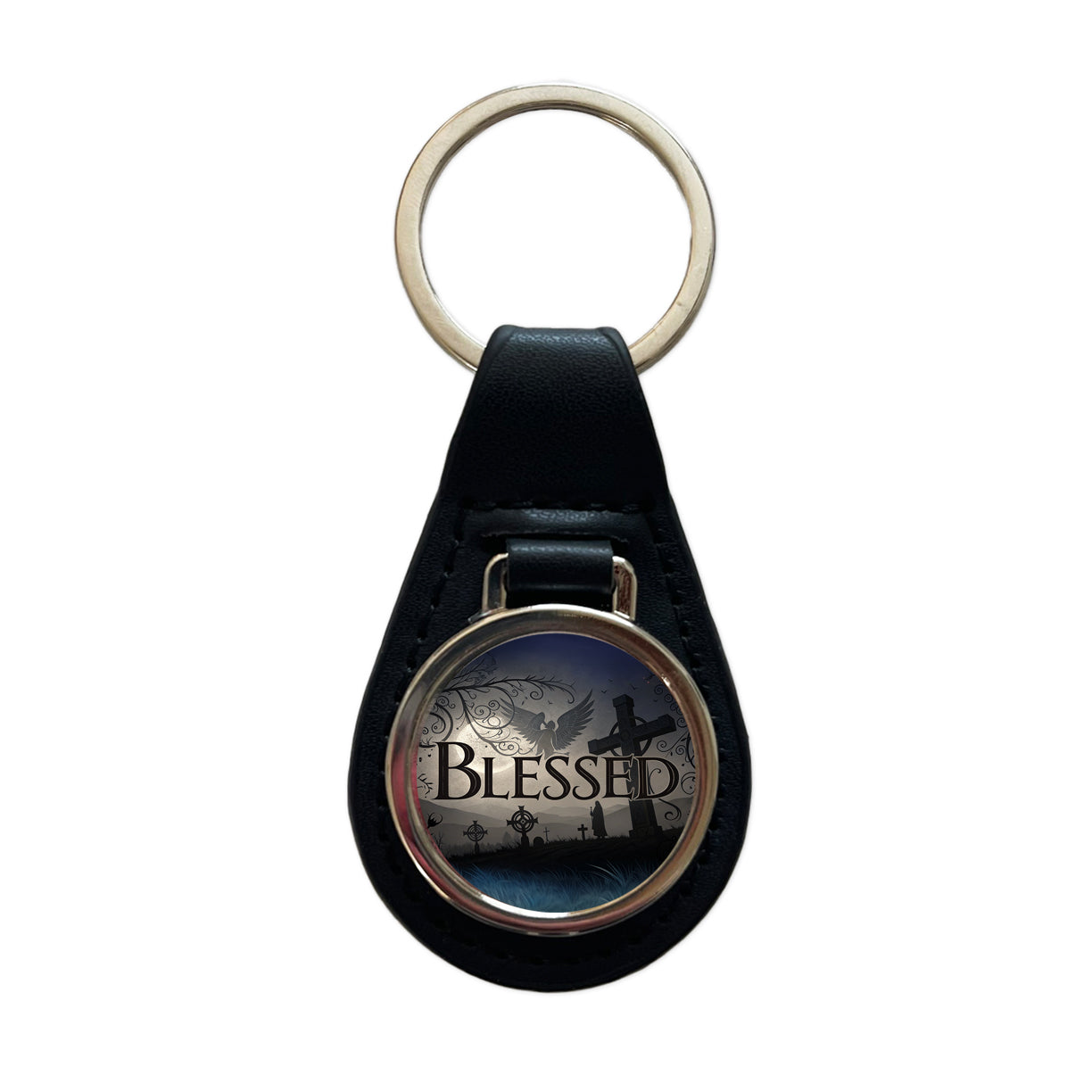 Blessed Angels Crosses Religious Black Leather Metal Keychain