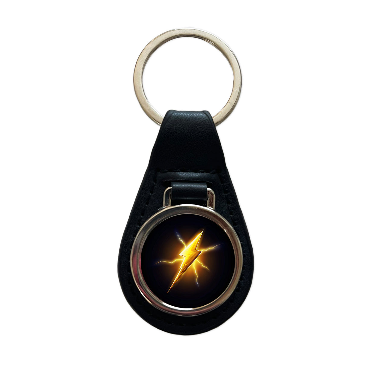 Cartoon Lightning Bolt On Black Black Leather Metal Keychain