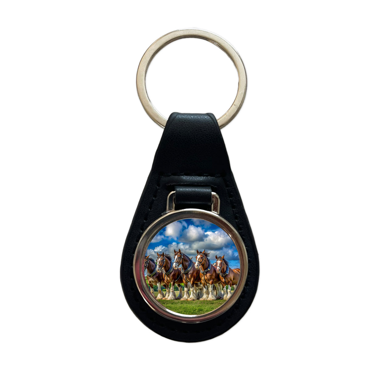 Clydesdale Horses in a Field Black Leather Metal Keychain
