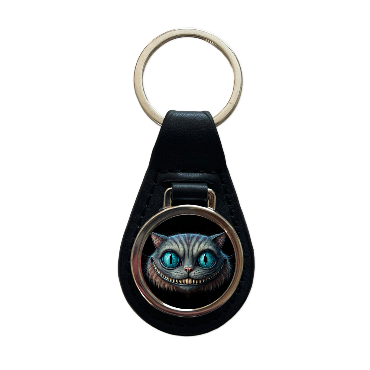 Creepy Cheshire Cat Grin on Black Black Leather Metal Keychain