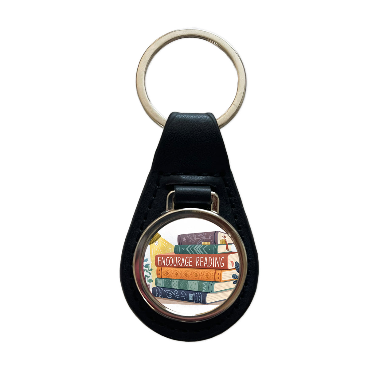 Encourage Reading Stack of Books Black Leather Metal Keychain