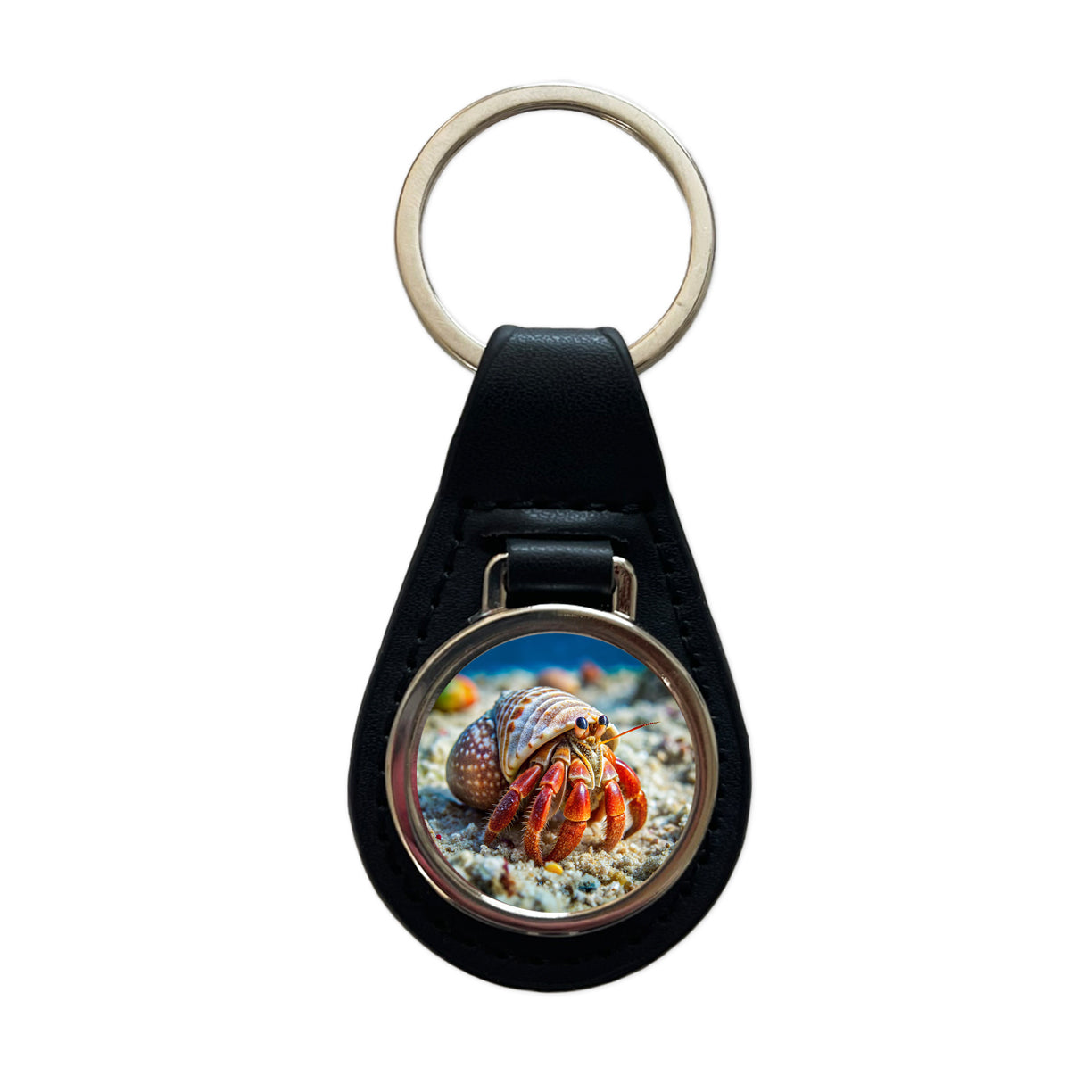 Hermit Crab in the Ocean Black Leather Metal Keychain