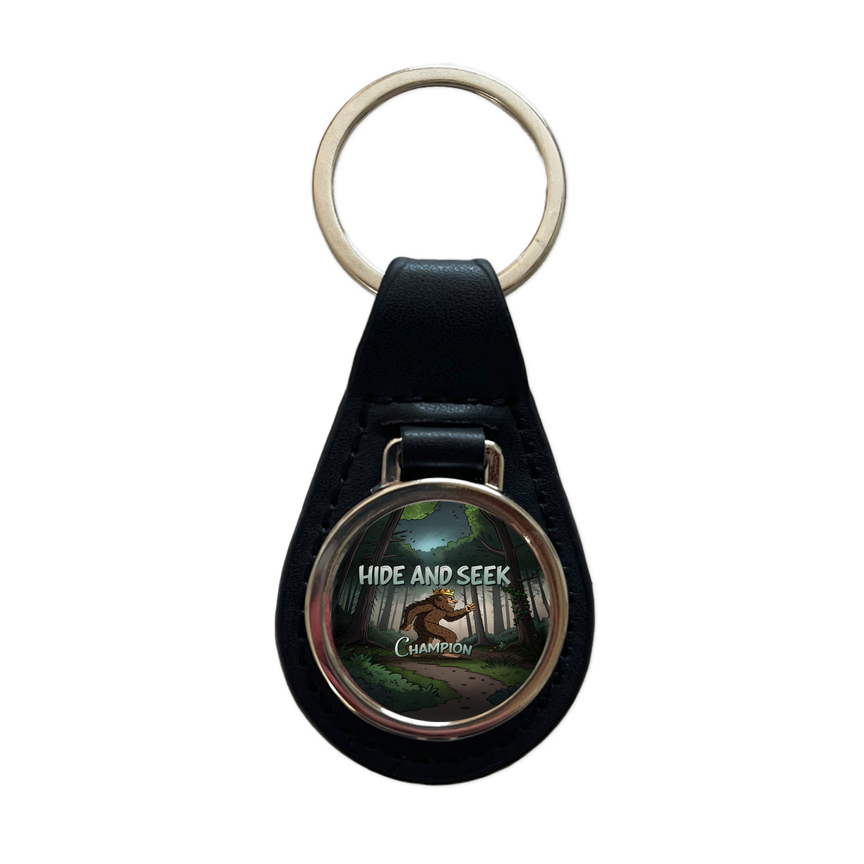 Hide And Seek Champion Big Foot With Crown Black Leather Metal Keychain